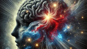 Um cérebro humano transcendendo os limites da realidade, onde galáxias e nebulosas emergem simbolizando a vastidão da mente e sua conexão com o cosmos.